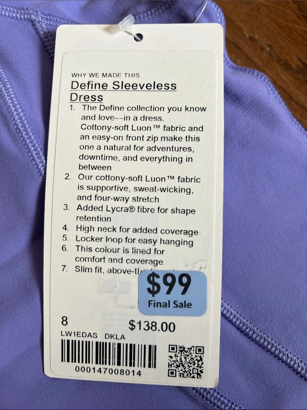 Lululemon Dark Lavender Purple Define Sleeveless Dress Size 8 NWT